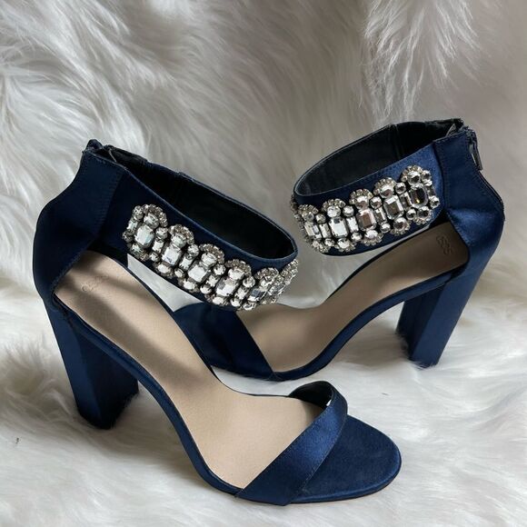 ASOS satin Navy blue Block heels ankle strap sandals with Rhinestones accent SZ7 - Picture 1 of 7